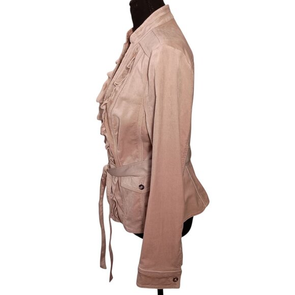 White House Black Market Womens Ruffled Beige Jacket Belted Waist & Button Cuffs - Picture 4 of 11